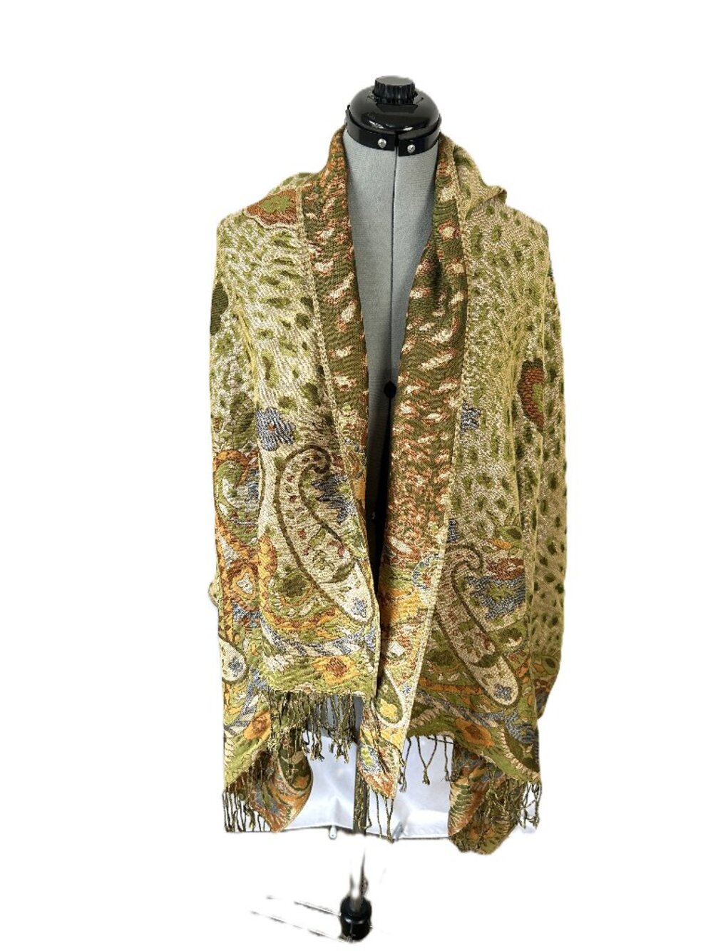 Paisley Floral Fringed Wrap with Metallic Threads